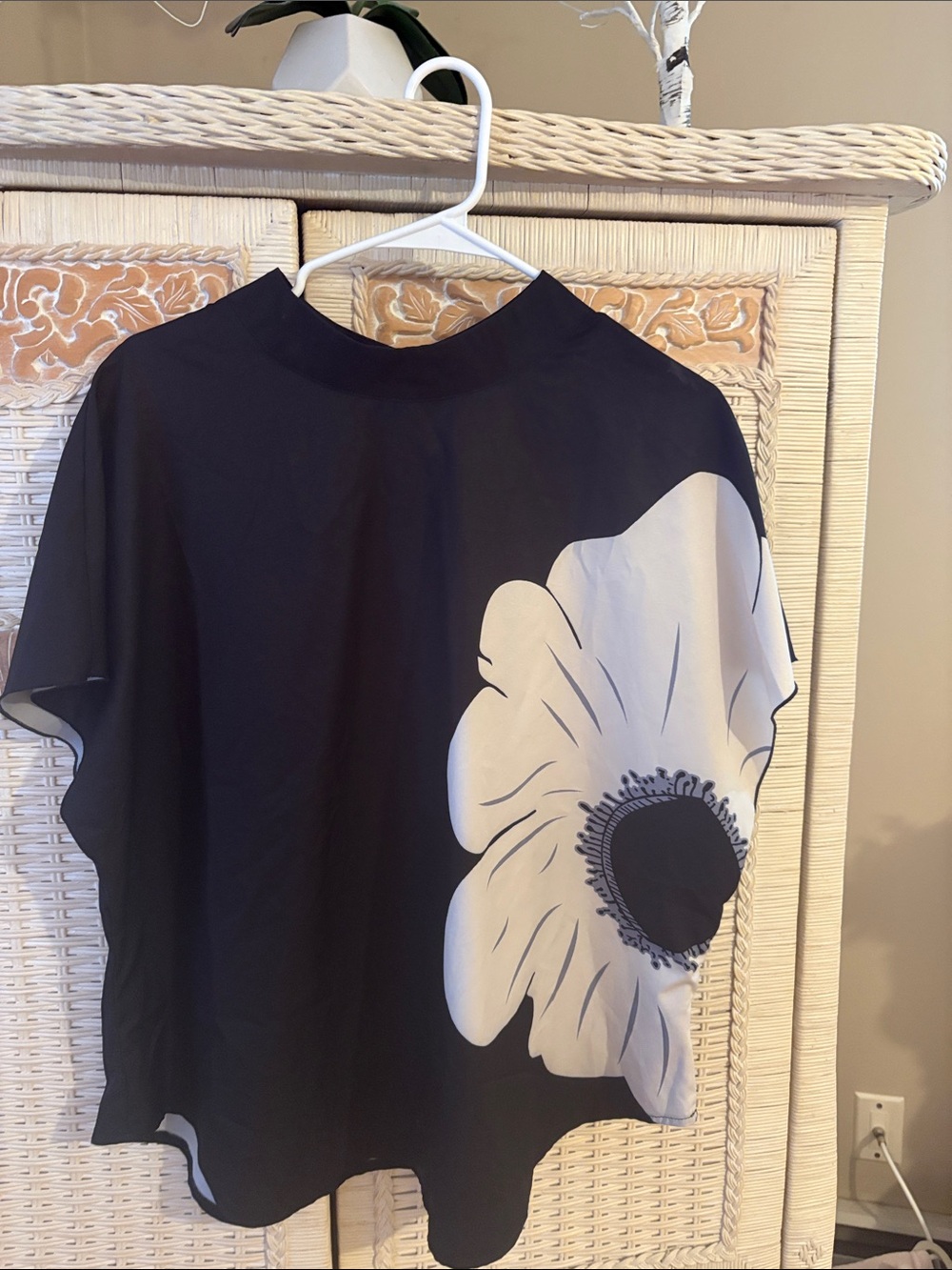 SHEIN Black Blouse with Large White Floral Accent